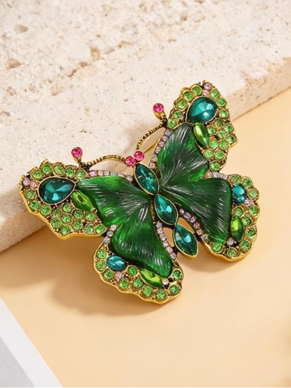 Green Butterfly Crystal Brooch NEW